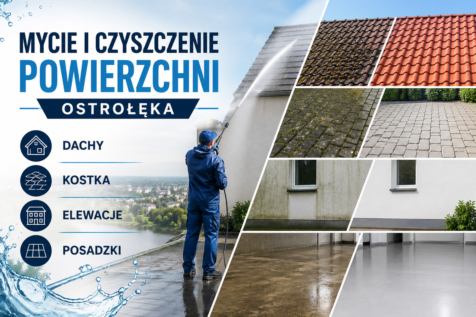 Mycie i czyszczenie powierzchni Ostrołęka — dachy, kostka, elewacje, posadzki